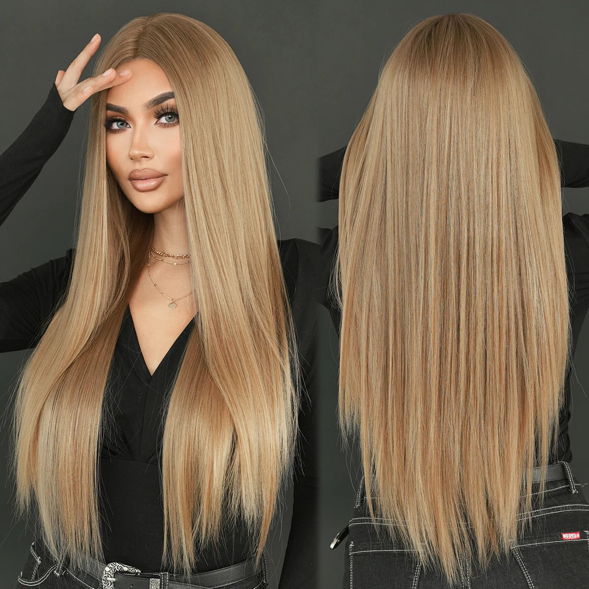 613 Blond Synthetic Hair Wigs 32 Inch Long Straight Hair with Bangs Middle Parted Ombre Blond Wigs Perucas for Women Daily Use