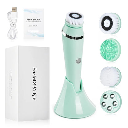 4 in 1 Electric Facial Cleansing Brush Rechargeable Waterproof Spin Sonic Exfoliator Face Scrubber Cleanser Skin Care Machine