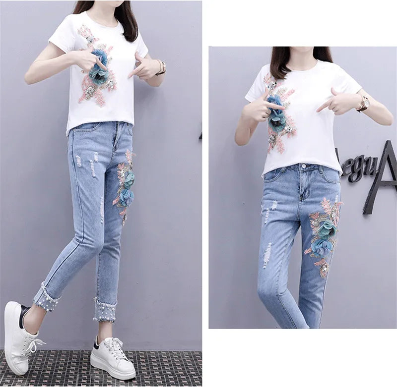 One-Piece/Set 2025 & 2026 Summer New Women Denim Pants Beaded Embroidery Short-Sleeved + Small Feet Hole Jeans Female Two-Piece Suit425