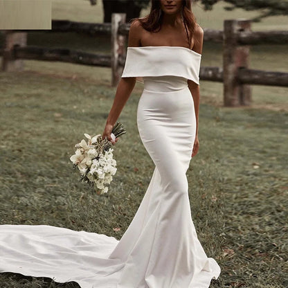 13056#Simple Off-Shoulder Elegant Short Sleeves Backless Wedding Dress Mermaid Buttons Sweep Train Soft Satin Bridal Gown
