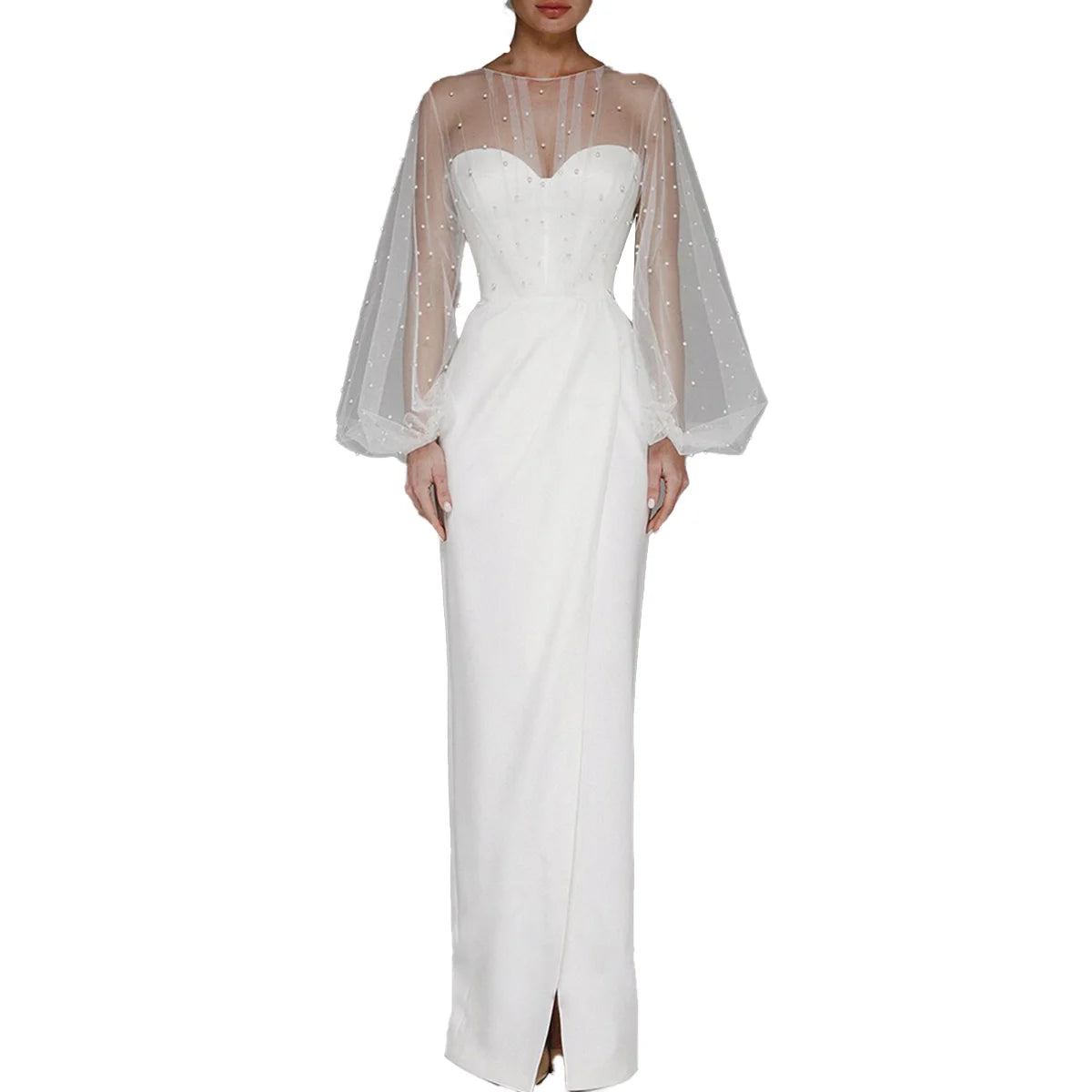 Women O-Neck Solid Loose Floor Length Dress Tulle Pearl Top Long Sleeves Evening Dresses