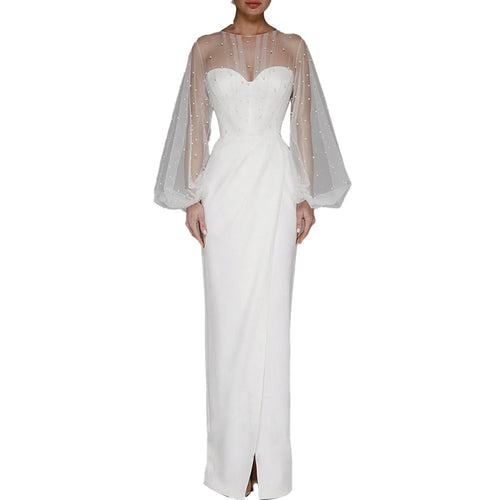 Women O-Neck Solid Loose Floor Length Dress Tulle Pearl Top Long Sleeves Evening Dresses