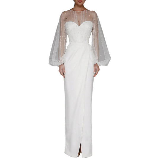 Women O-Neck Solid Loose Floor Length Dress Tulle Pearl Top Long Sleeves Evening Dresses