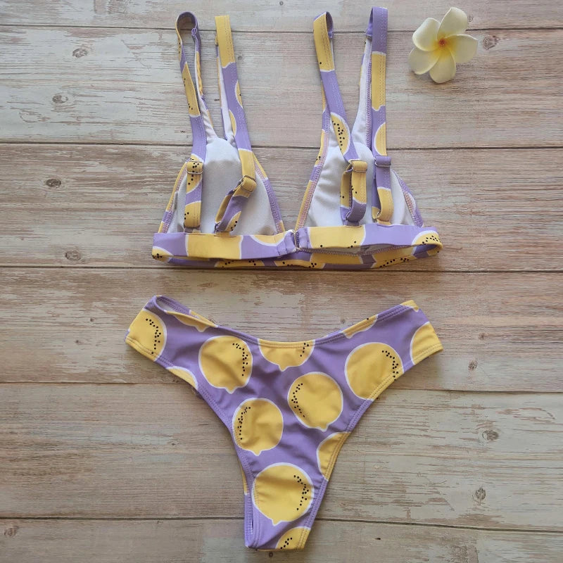 2026 Sexy Brazilian Bikini Swimwear Women Halter Push Up Bikini Set Swimsuit Female Lemon Print Bandage Biquini Bathing Suit XL