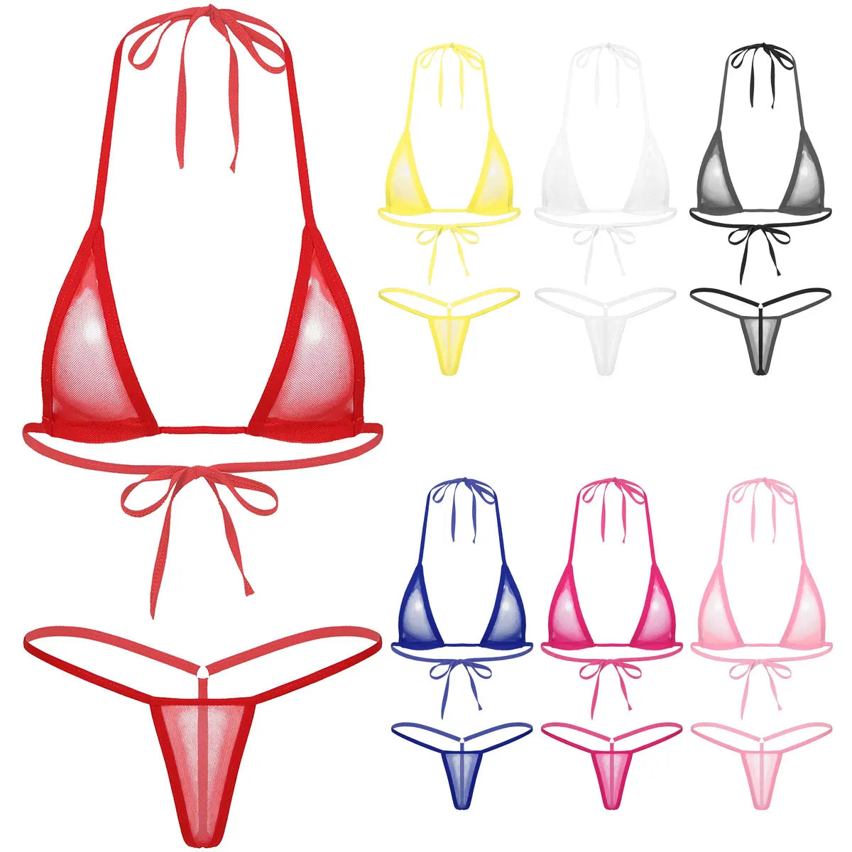 Women's Two-Piece Swimsuits Bikini Sets Sexy Mesh Sheer Halter neck Micro Bikini Outfits Bra Top with G-String Swimwear Female