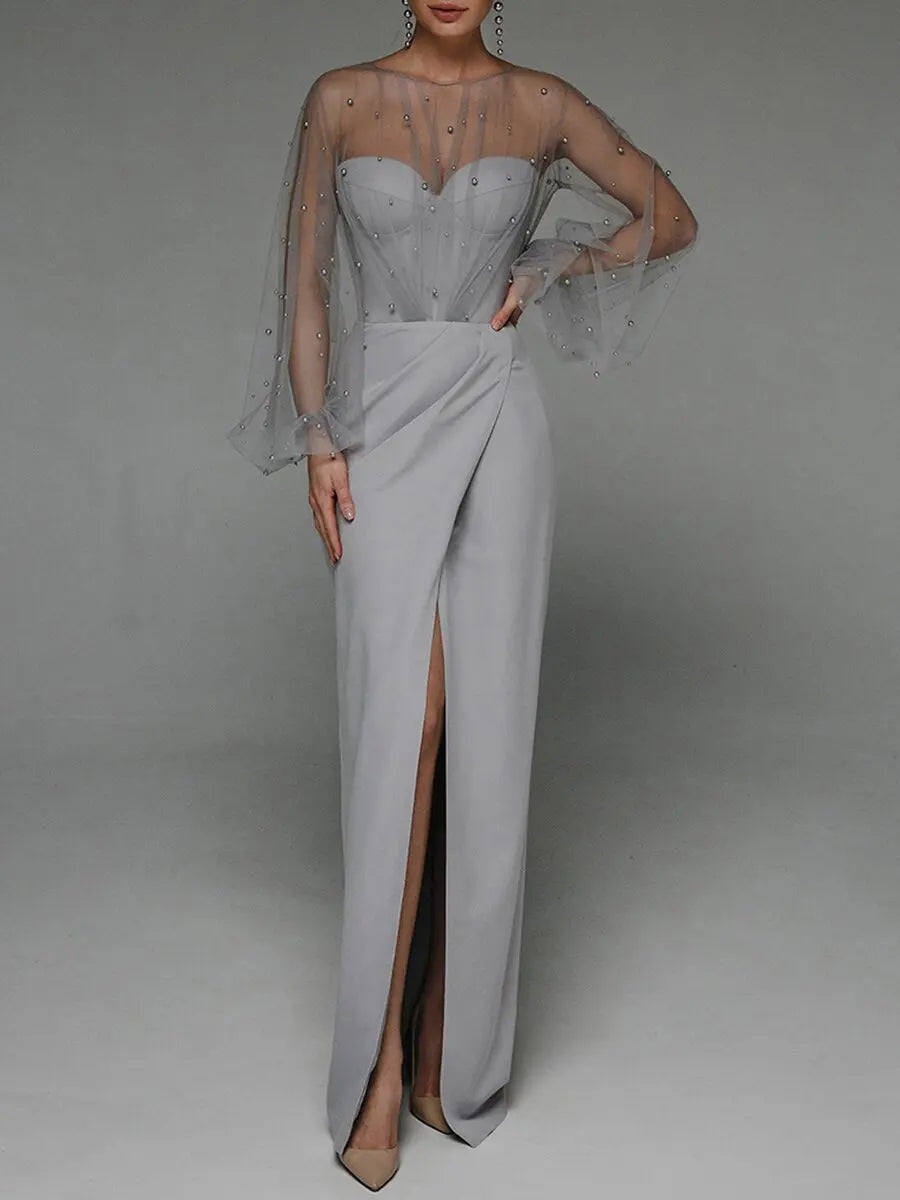 Women O-Neck Solid Loose Floor Length Dress Tulle Pearl Top Long Sleeves Evening Dresses