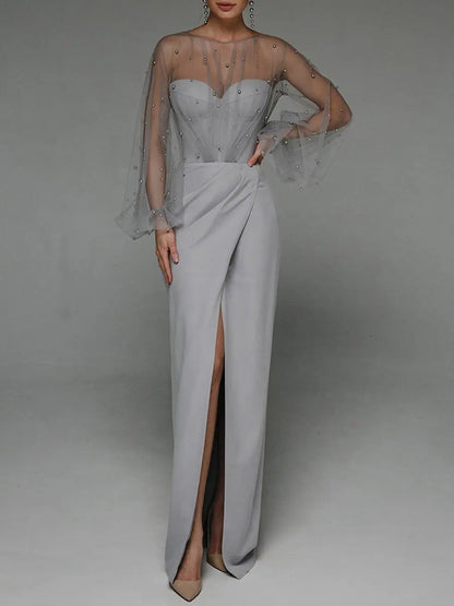 Women O-Neck Solid Loose Floor Length Dress Tulle Pearl Top Long Sleeves Evening Dresses