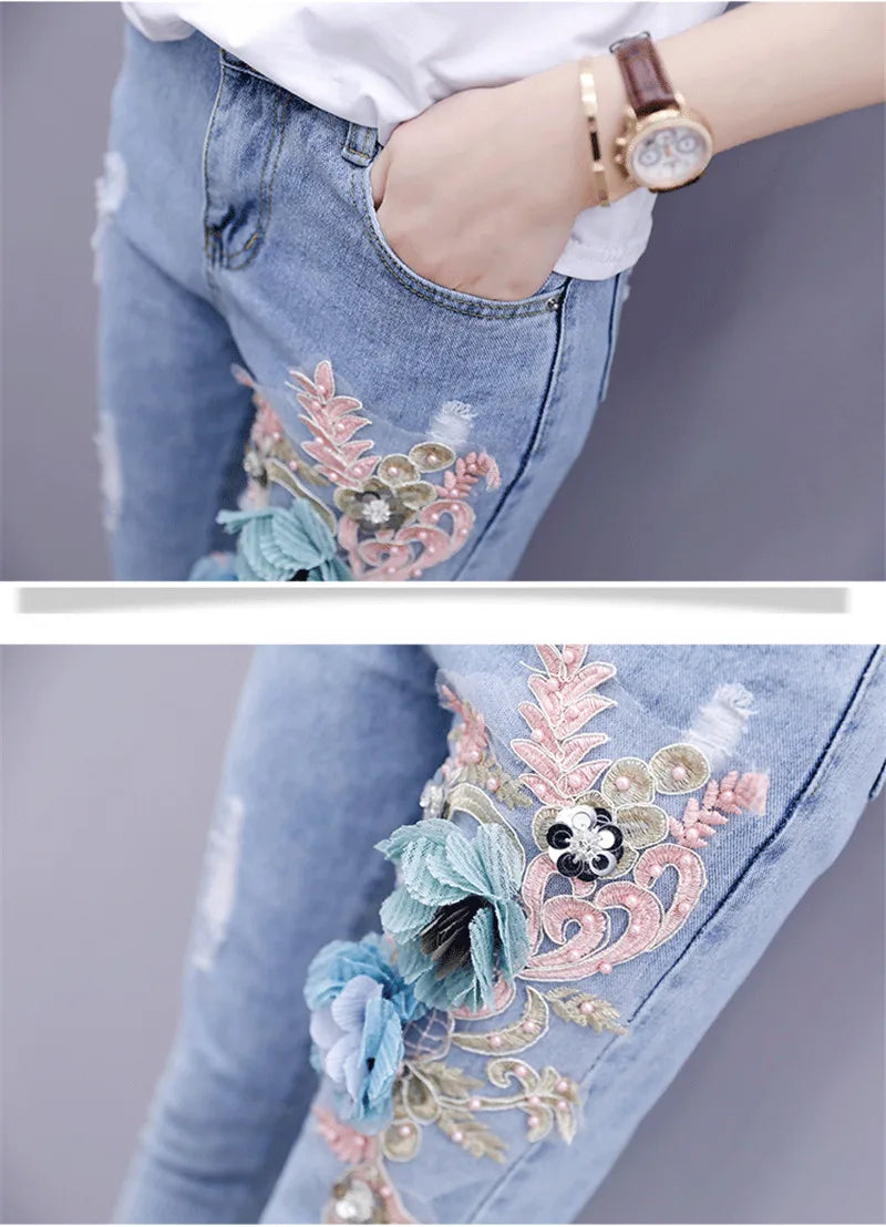 One-Piece/Set 2025 & 2026 Summer New Women Denim Pants Beaded Embroidery Short-Sleeved + Small Feet Hole Jeans Female Two-Piece Suit425