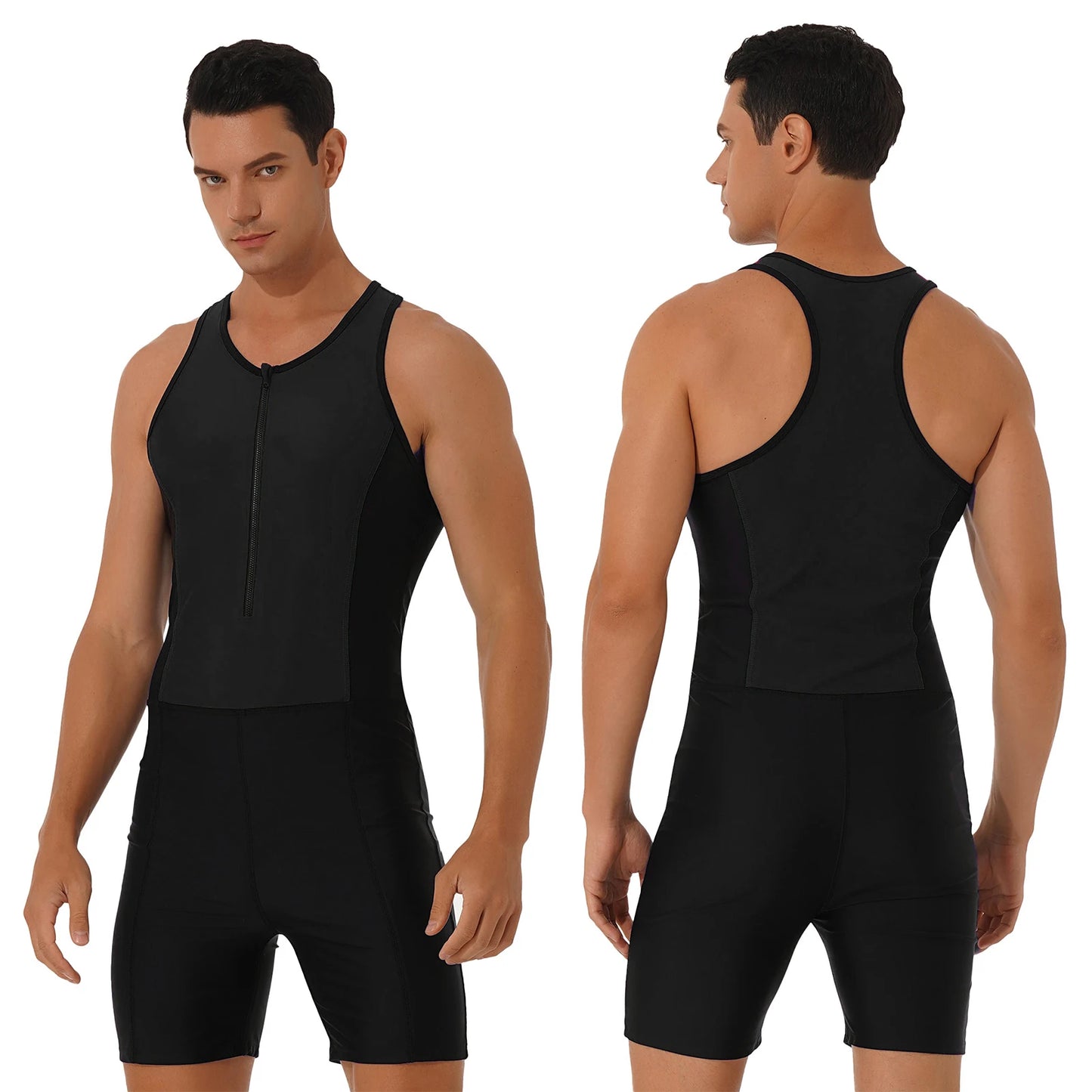 Men Bodysuit Swimsuit Sleeveless Racerback Zipper Jumpsuit Swimwear Bathing Suit Surfing Clothing Rashguard Beachwear Wetsuit