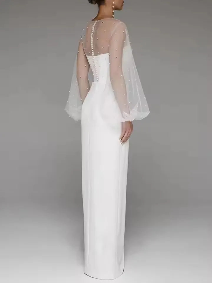 Women O-Neck Solid Loose Floor Length Dress Tulle Pearl Top Long Sleeves Evening Dresses