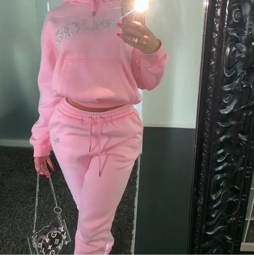 Diamonds Tracksuit 2 Piece Set Women Oversize Hoodies Sweatshirt Sweatpants Joggers Sport Pant Suits Femme Outfits Sweatsuits