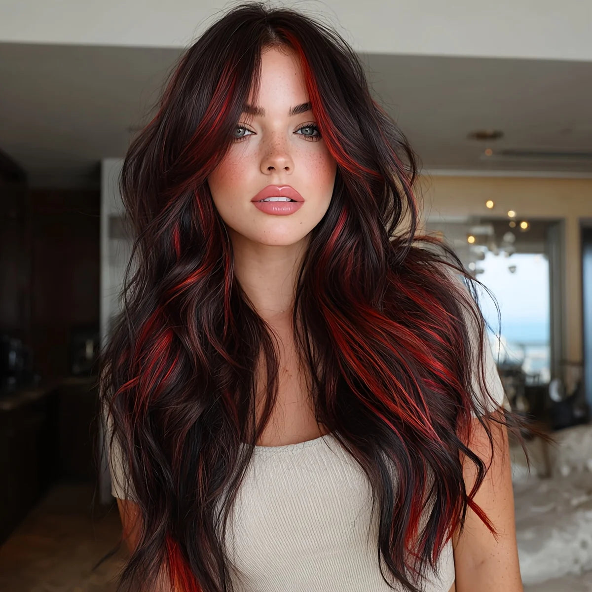2025 & 2026 Hot Selling Fashion Wig Synthetic Wig Future Fiber Red and Black Highlight Dyed Gradient Curly Wigs for Women 	SM398