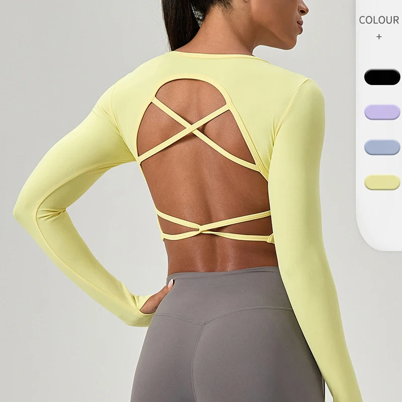 Fashionable Cross Back Slim Fit Long Sleeve Yoga Top Quick Dry Workout T-shirts for Running Gym Fitness