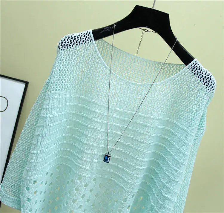 Spring and Summer New Ice Silk Knitted Vest Top Hollow Out Thin Bottoming Sling Streetwear Womens Clothing White Shirt 13686