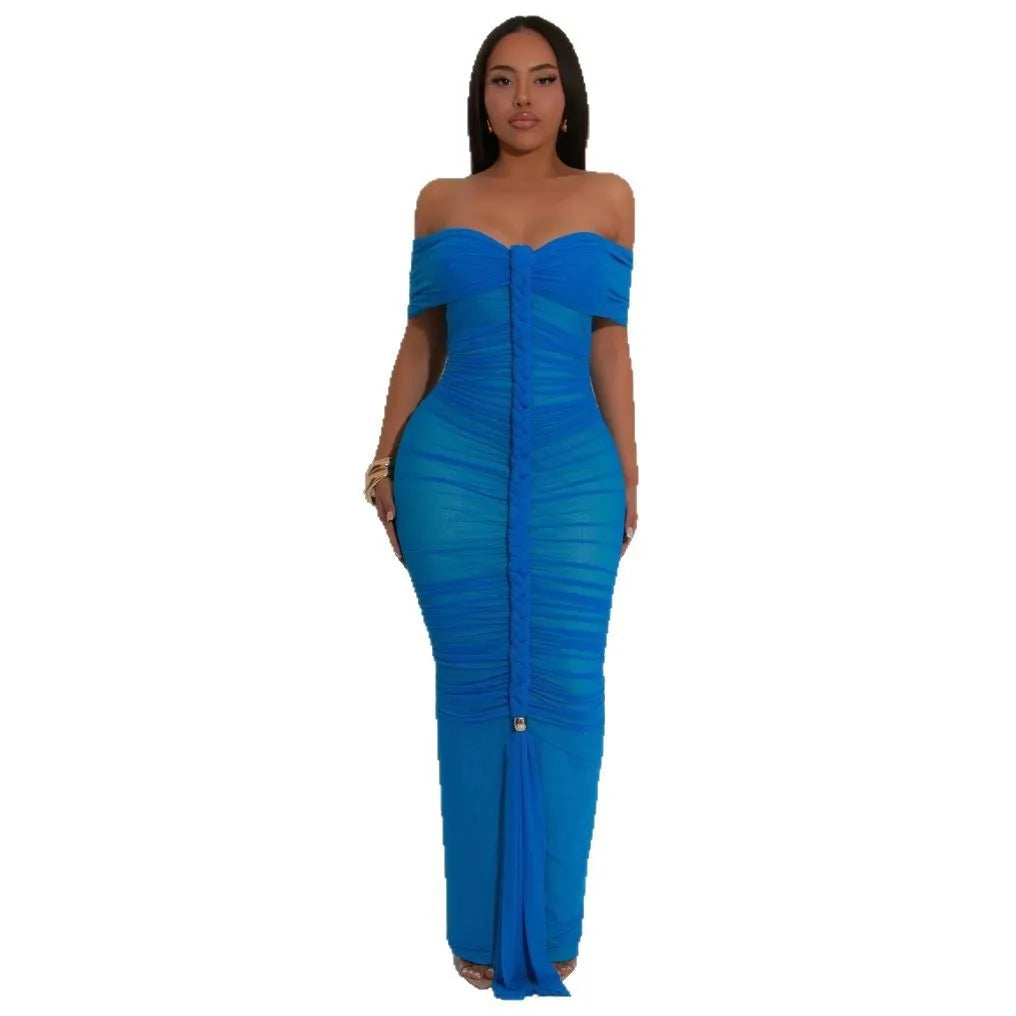 Sexy Solid Color Patchwork Backless Ruched Off Shoulder Long Dresses