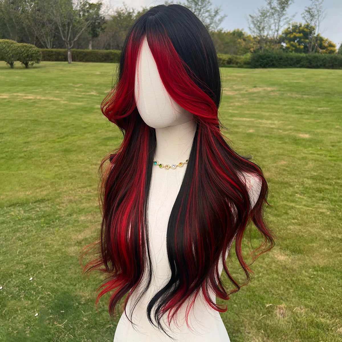 2025 & 2026 Hot Selling Fashion Wig Synthetic Wig Future Fiber Red and Black Highlight Dyed Gradient Curly Wigs for Women 	SM398