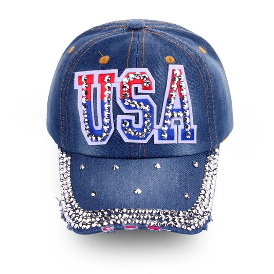 Popular Men Women Adjustable Hip Hop Trucker Hats Cotton USA Sports Caps Rhinestone American Flag Baseball Caps