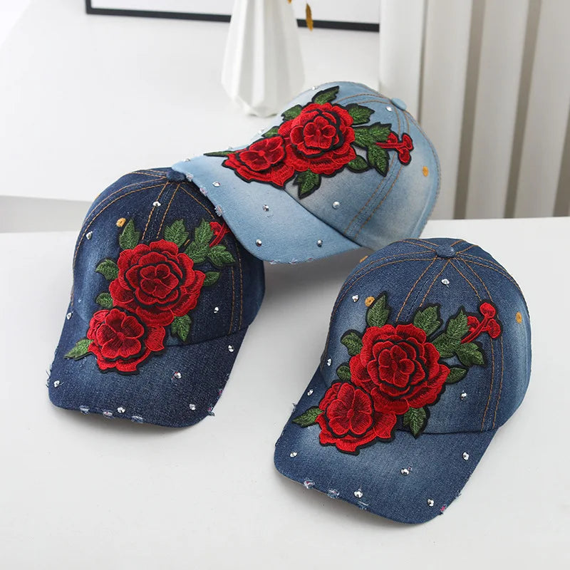 Wholesale Red Rose Hats for Women Bling Rhinestone Baseball Cap With Embroidered Rose Flower Denim Baseball Cap Woman