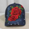 Wholesale Red Rose Hats for Women Bling Rhinestone Baseball Cap With Embroidered Rose Flower Denim Baseball Cap Woman