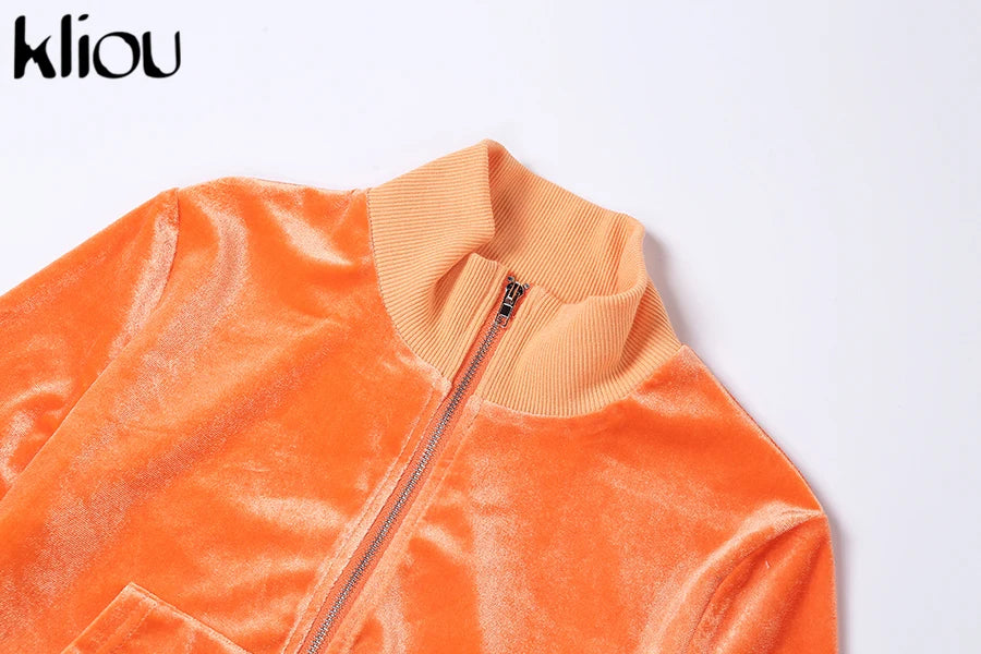 Kliou Solid Velour Two Piece Set Women Simple Casual Zipper Long Sleeve Turtleneck Top+Bandage Lace Slim Female Wide Leg Pants