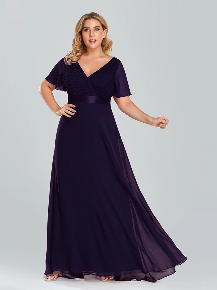 Plus Size Evening Dresses Long XUCTHHC Elegant A Line V Neck Ruffles Chiffon Formal Wedding Party Dress Robe De Soiree 2021