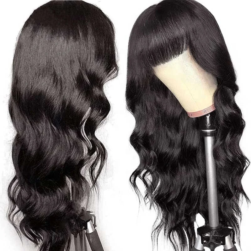 Glueless Bangs Wig Ready to Go Body Wave Human Hair Wigs with Bangs Machine Made Blend Human Hair Wigs for Women