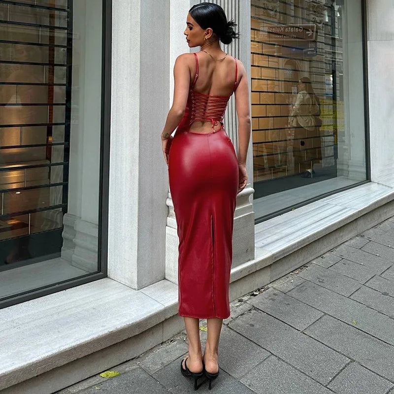 Dropship Agent Boutique Popular Pu Leather Sexy Fashion Backless Maxi Women's Dresses