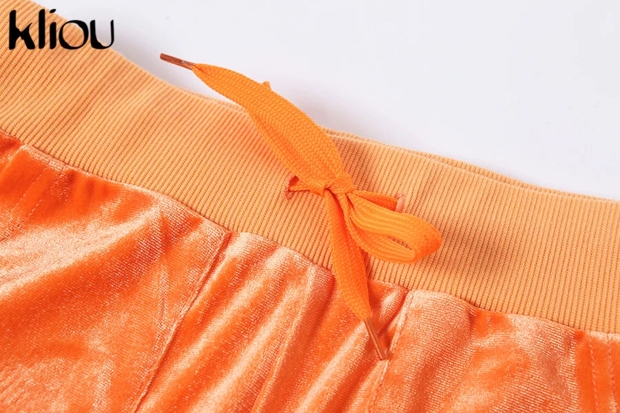 Kliou Solid Velour Two Piece Set Women Simple Casual Zipper Long Sleeve Turtleneck Top+Bandage Lace Slim Female Wide Leg Pants