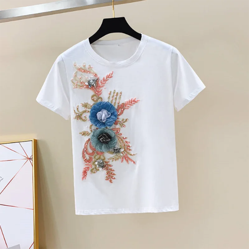 One-Piece/Set 2025 & 2026 Summer New Women Denim Pants Beaded Embroidery Short-Sleeved + Small Feet Hole Jeans Female Two-Piece Suit425