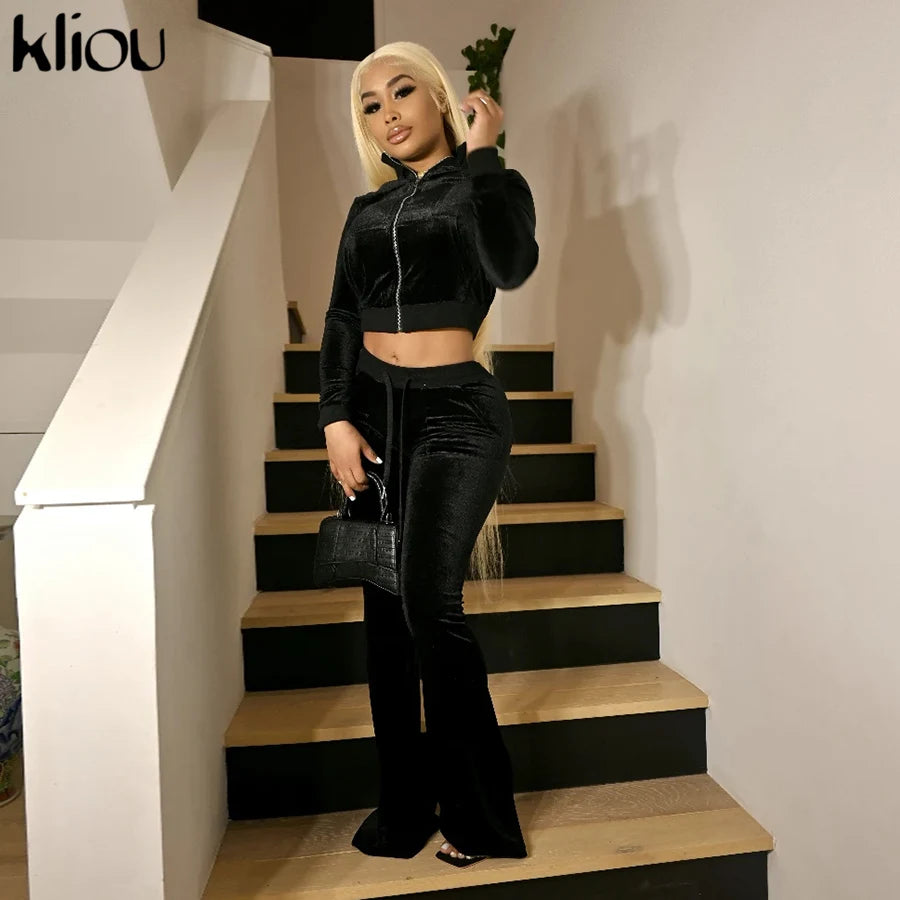 Kliou Solid Velour Two Piece Set Women Simple Casual Zipper Long Sleeve Turtleneck Top+Bandage Lace Slim Female Wide Leg Pants