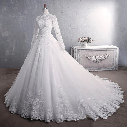 Muslim Wedding Dress 2021 Elegant High Neck With Train Princess Bride Dress Luxury Lace Embroidery Wedding Gown Vestido De Noiva
