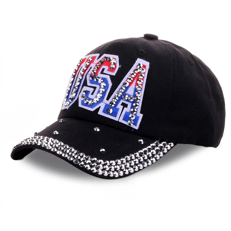 Popular Men Women Adjustable Hip Hop Trucker Hats Cotton USA Sports Caps Rhinestone American Flag Baseball Caps