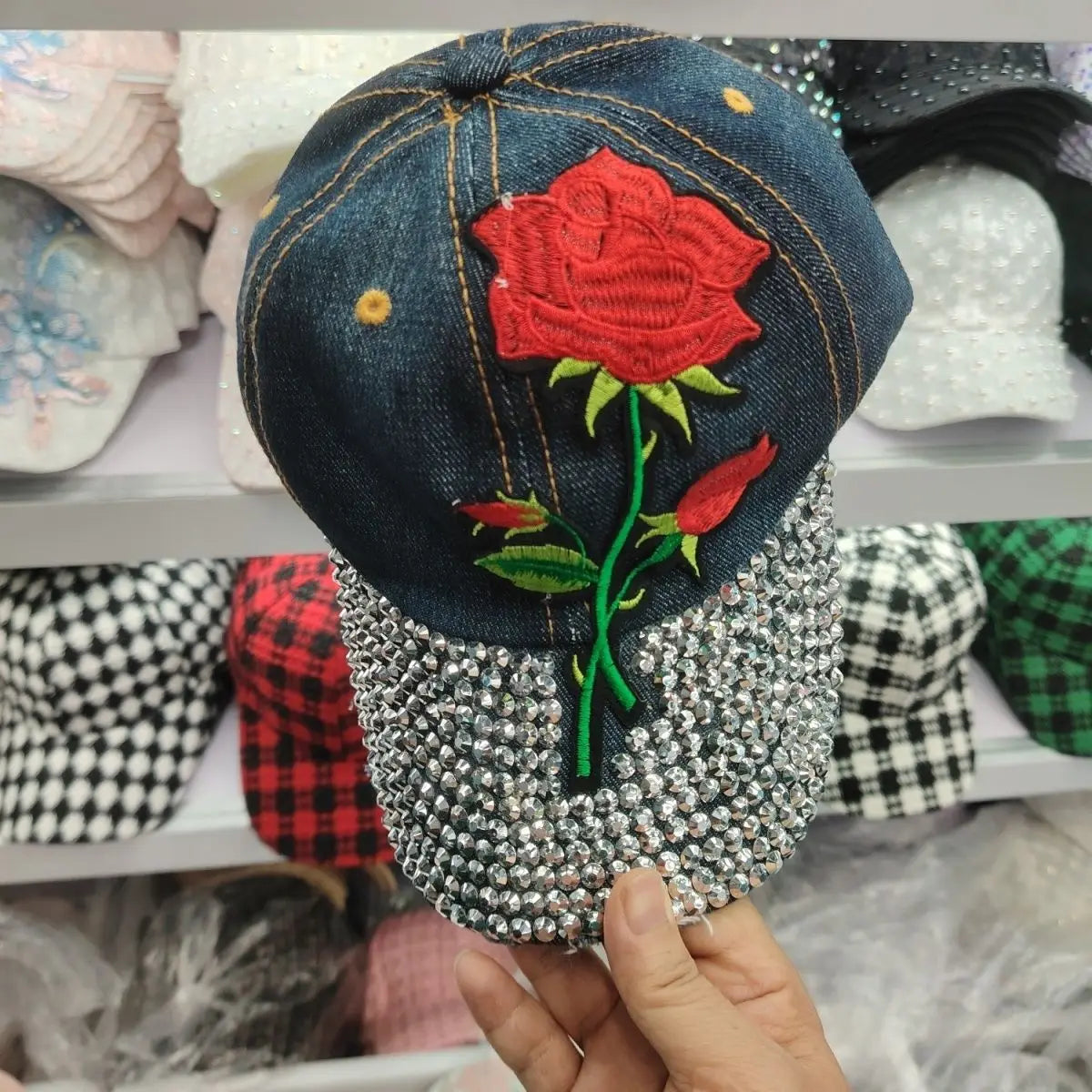 Wholesale Red Rose Hats for Women Bling Rhinestone Baseball Cap With Embroidered Rose Flower Denim Baseball Cap Woman