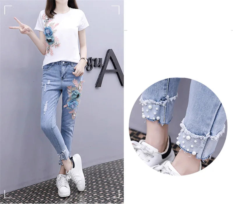 One-Piece/Set 2025 & 2026 Summer New Women Denim Pants Beaded Embroidery Short-Sleeved + Small Feet Hole Jeans Female Two-Piece Suit425