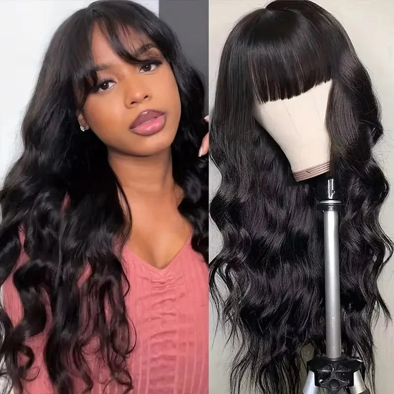 Glueless Bangs Wig Ready to Go Body Wave Human Hair Wigs with Bangs Machine Made Blend Human Hair Wigs for Women