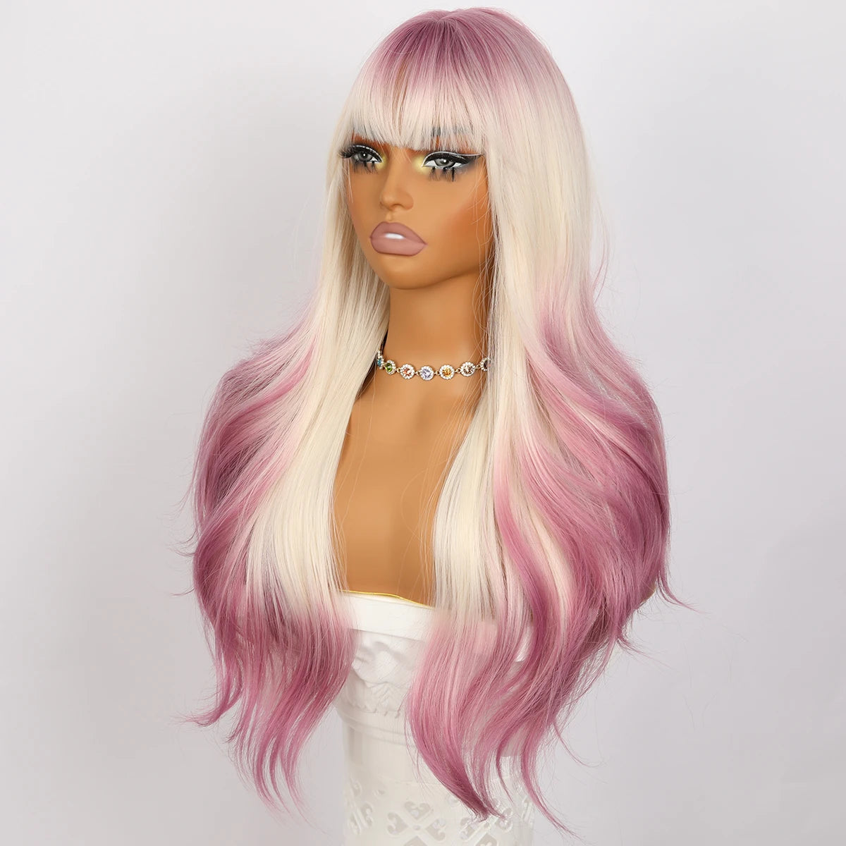 Wholesale New Ladies' Long Curly Pink Wig with Bangs Gradient Gold Body Wave Headdress Manufactured by SM393