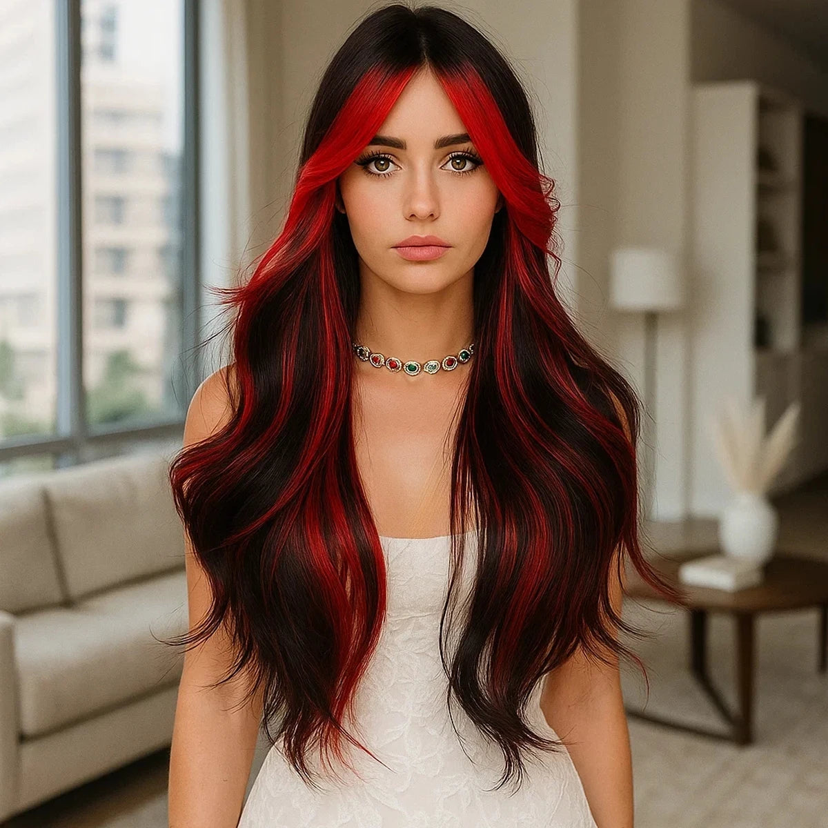 2025 & 2026 Hot Selling Fashion Wig Synthetic Wig Future Fiber Red and Black Highlight Dyed Gradient Curly Wigs for Women 	SM398