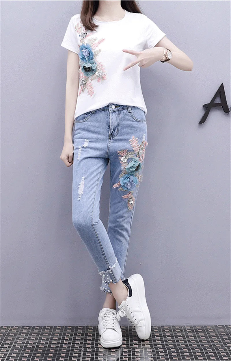 One-Piece/Set 2025 & 2026 Summer New Women Denim Pants Beaded Embroidery Short-Sleeved + Small Feet Hole Jeans Female Two-Piece Suit425