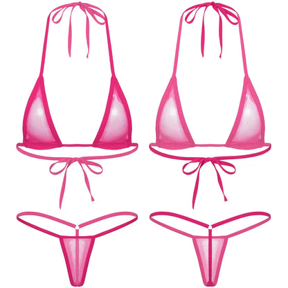 Women's Two-Piece Swimsuits Bikini Sets Sexy Mesh Sheer Halter neck Micro Bikini Outfits Bra Top with G-String Swimwear Female