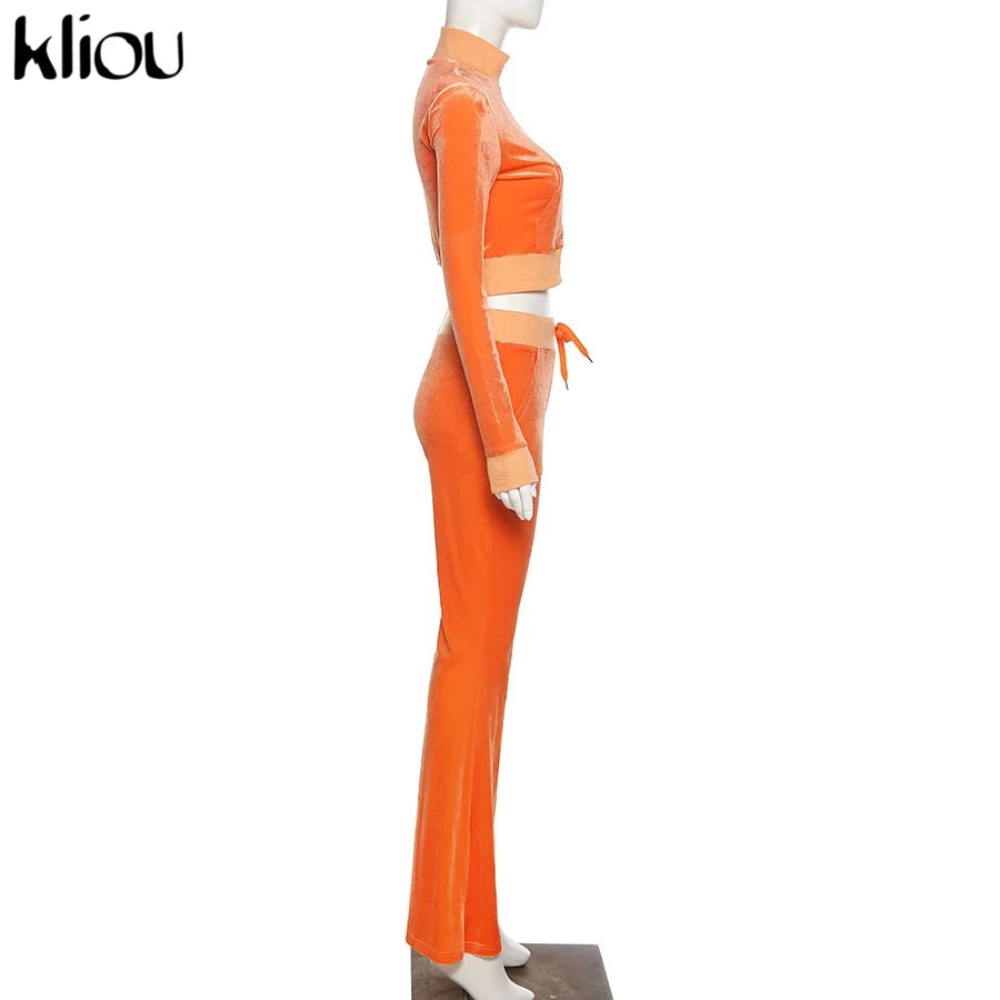 Kliou Solid Velour Two Piece Set Women Simple Casual Zipper Long Sleeve Turtleneck Top+Bandage Lace Slim Female Wide Leg Pants