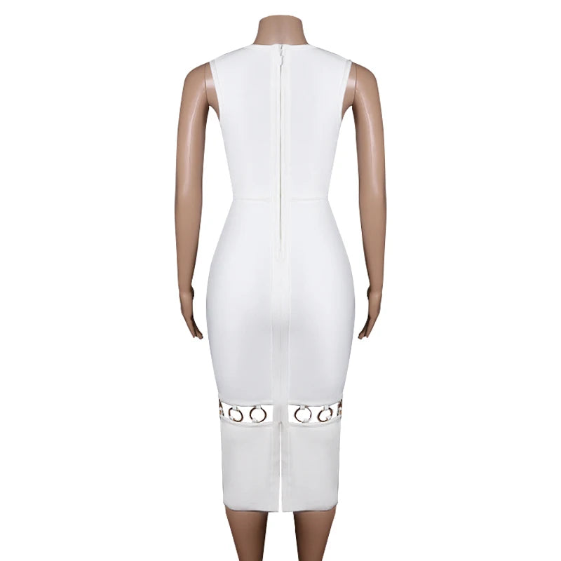 C2635 Wholesale Stretch White Sexy Bandage Dress Elegant Women Special Design Ring Hollow Out Midi Bodycon Dress Club Ear