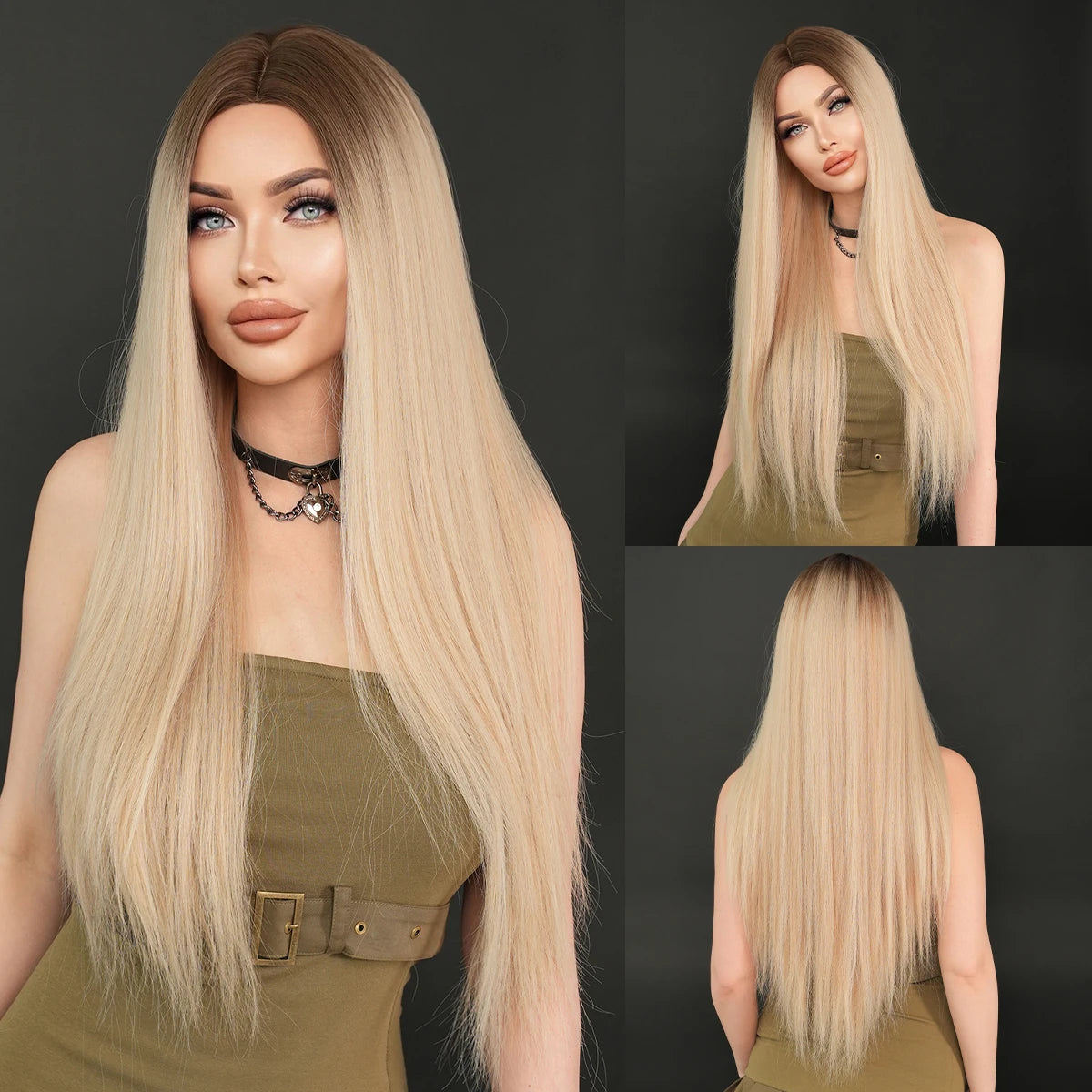613 Blond Synthetic Hair Wigs 32 Inch Long Straight Hair with Bangs Middle Parted Ombre Blond Wigs Perucas for Women Daily Use