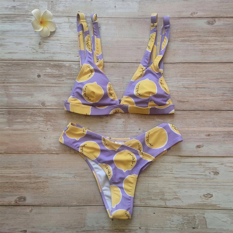 2026 Sexy Brazilian Bikini Swimwear Women Halter Push Up Bikini Set Swimsuit Female Lemon Print Bandage Biquini Bathing Suit XL
