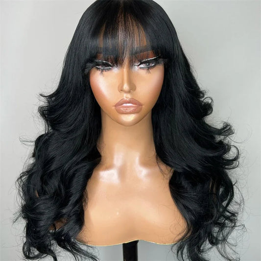 Glueless Bangs Wig Ready to Go Body Wave Human Hair Wigs with Bangs Machine Made Blend Human Hair Wigs for Women