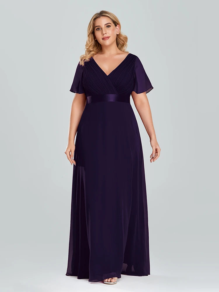 Plus Size Evening Dresses Long XUCTHHC Elegant A Line V Neck Ruffles Chiffon Formal Wedding Party Dress Robe De Soiree 2021