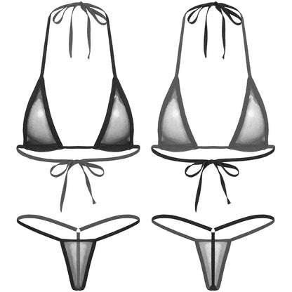 Women's Two-Piece Swimsuits Bikini Sets Sexy Mesh Sheer Halter neck Micro Bikini Outfits Bra Top with G-String Swimwear Female