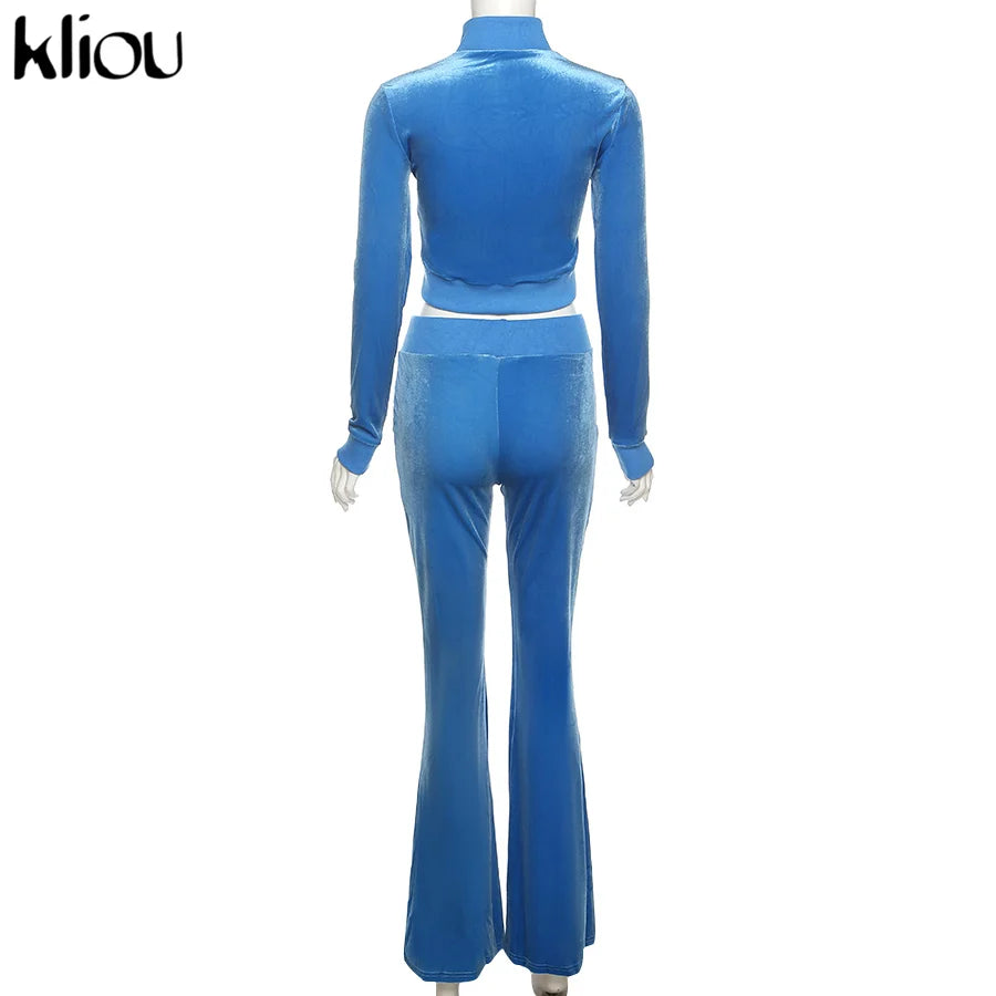 Kliou Solid Velour Two Piece Set Women Simple Casual Zipper Long Sleeve Turtleneck Top+Bandage Lace Slim Female Wide Leg Pants
