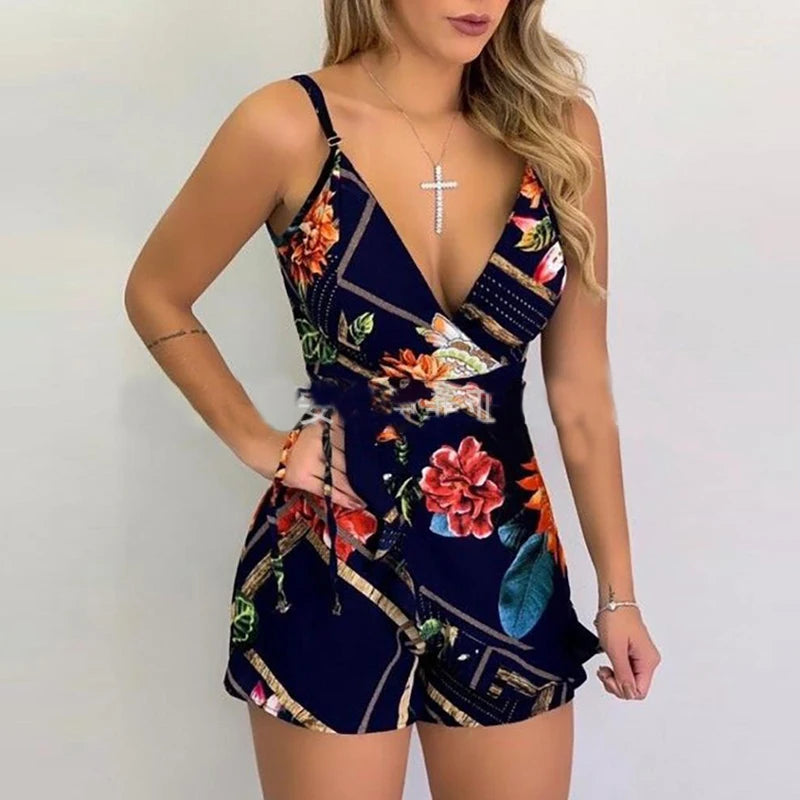 Sexy V-neck Spaghetti Strap Floral Print Women Short Romper Playsuit Female Beach Ruffle Sleeveless 2023 Fashion Casual Jumpsuit