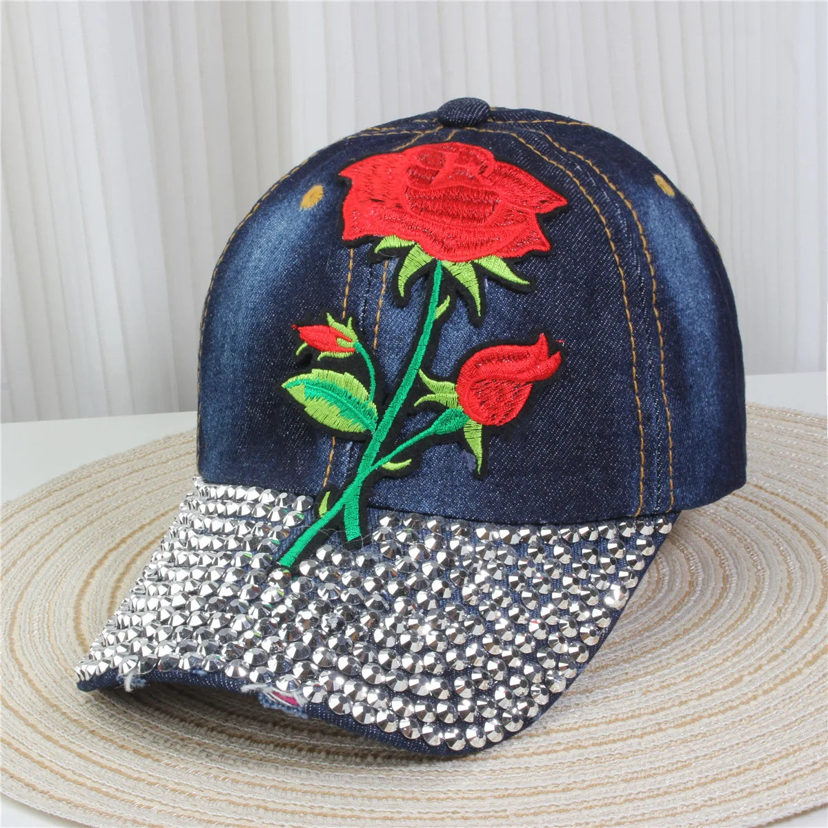 Wholesale Red Rose Hats for Women Bling Rhinestone Baseball Cap With Embroidered Rose Flower Denim Baseball Cap Woman