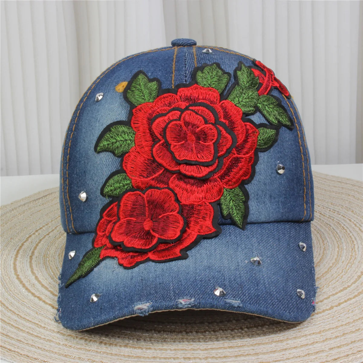 Wholesale Red Rose Hats for Women Bling Rhinestone Baseball Cap With Embroidered Rose Flower Denim Baseball Cap Woman